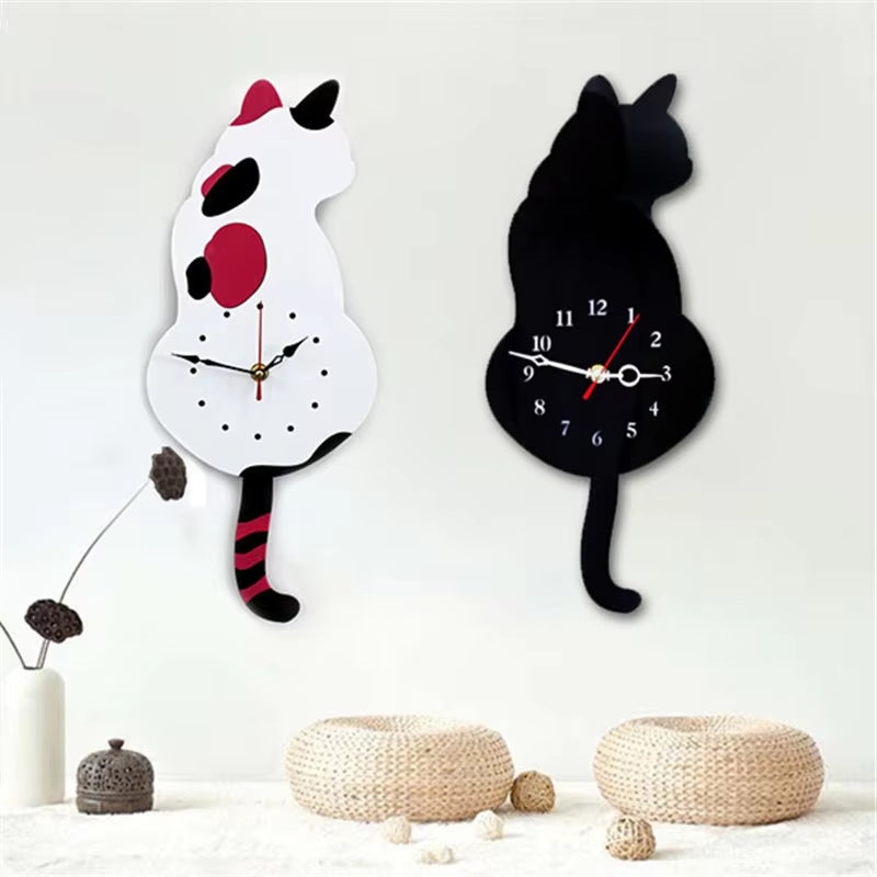 Home Decoration Living Room Wagging Tail Cat Creative Wall Clock Acrylic Wall Clock Modern Cute Cat Clock Move Silence