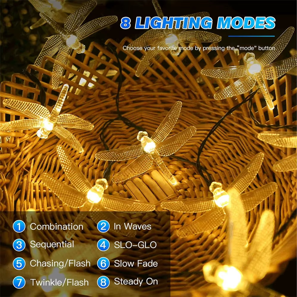 Solar Dragonfly String Lights Outdoor Fairy Lights with 8 Modes Waterproof Solar Powered for Patio Yard Christmas Decor 695