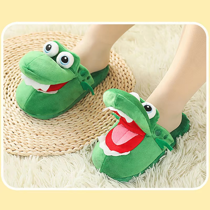 Cartoon Crocodile Cotton Slippers with Moving Mouth Funny Home Cotton Shoes Winter Walking Warm Christmas Gift for Men Women