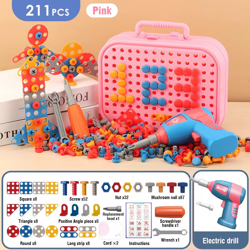 351Pcs/211Pcs Children DIY Tool Toys Set Electric Drill Screw Nuts 3D Puzzle Toy Pretend Play Tool Kits 2D/3D Educational Toy