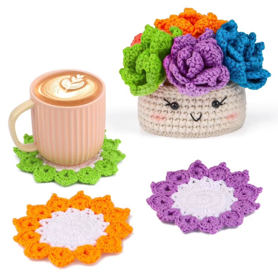 Coaster Crochet Kit for Beginners with Instruction Knitting Yarn Thread Needles Hook Easy Knit Accessories Set DIY Craft