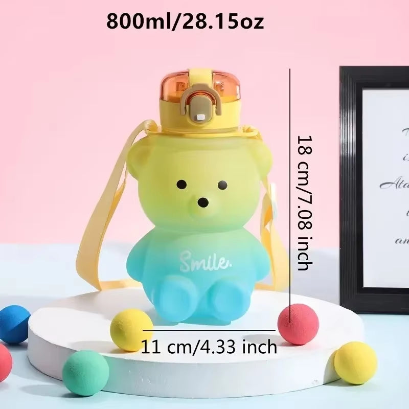 1Pc Bear Gradient Cute Water Cup, Summer High-Value Girl Plastic Cup, Portable Straw Cup, Large-Capacity Water Bottle