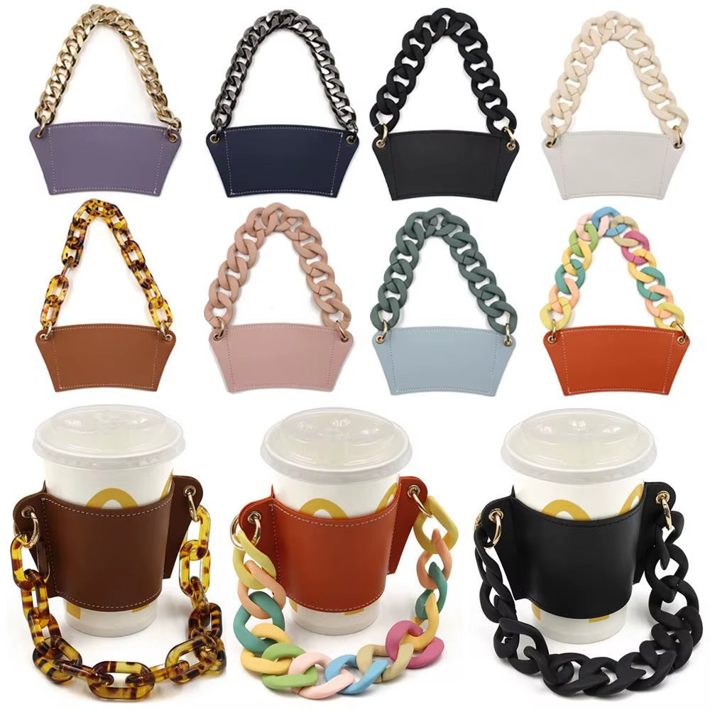 Reusable with Chain Travel Eco-Friendly Drink Case Bag Coffee Sleeve Bottle Cover PU Leather Cup Holder