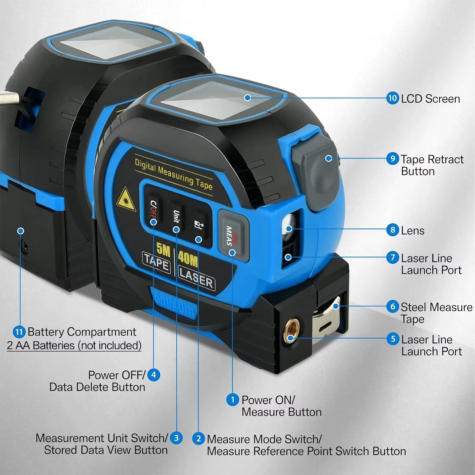 3-In-1 Laser Tape Measure 40/60M Meters Infrared Laser Distance Measuring Smart Energy Ruler High Precision Measuring Instrument