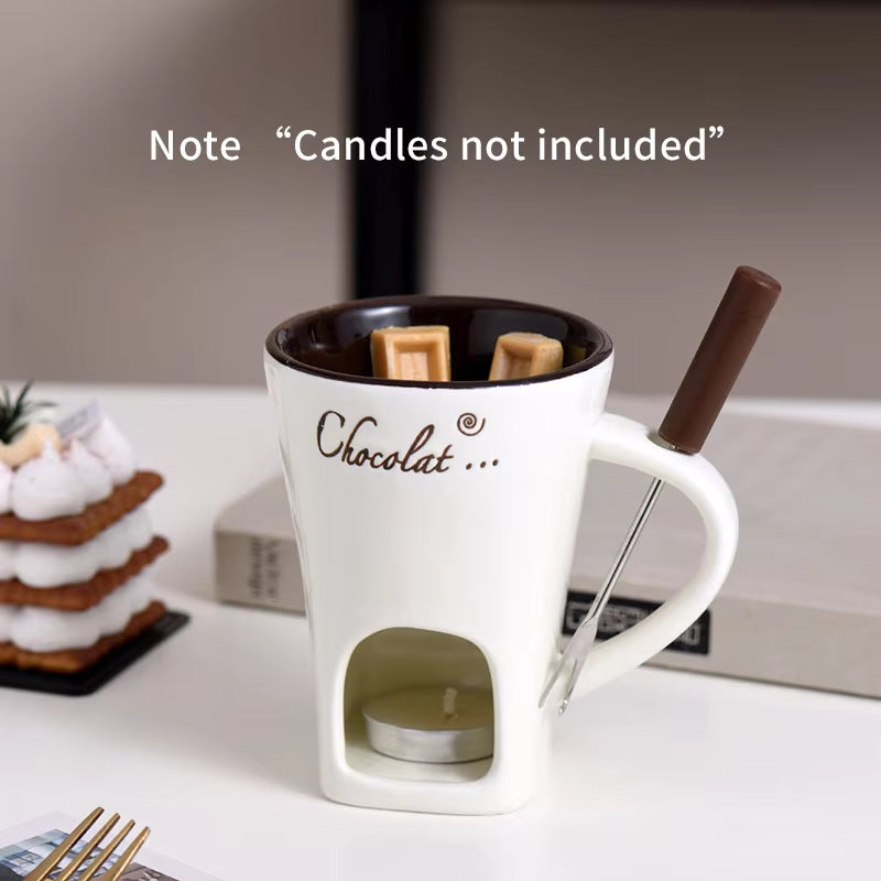 European Style Candle Cup Cheese Chocolate Ice Cream Candle Heated Melted Ceramic Cup Home Kitchen with Fork Creative Coffee Cup