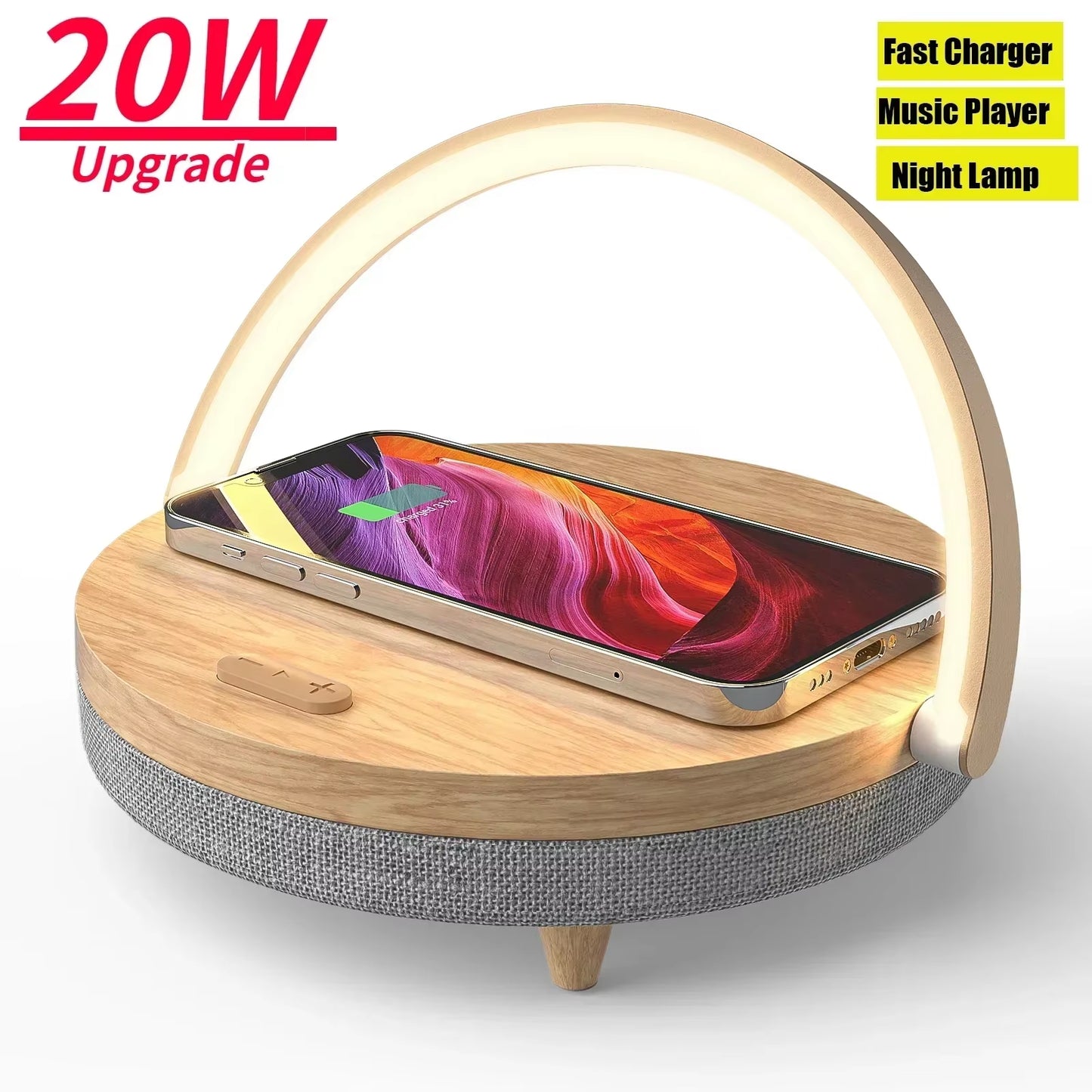 Multifuction Wireless Charger Bluetooth Speaker for Iphone 14 15 Wooden Table Lamp High Power Charging Light Speaker Bluetooth