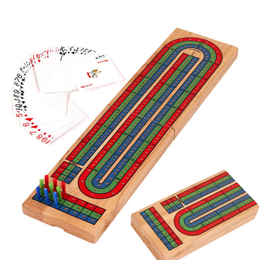 Wood Cribbage Board Game Classic 3 Track Cribbage Board with 9 Cribbage Pegs Portable Card Board Game for Adult Indoor & Outdoor