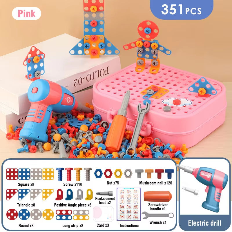 351Pcs/211Pcs Children DIY Tool Toys Set Electric Drill Screw Nuts 3D Puzzle Toy Pretend Play Tool Kits 2D/3D Educational Toy