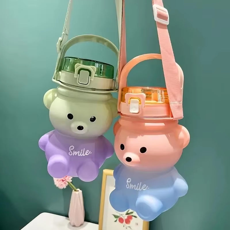 1Pc Bear Gradient Cute Water Cup, Summer High-Value Girl Plastic Cup, Portable Straw Cup, Large-Capacity Water Bottle