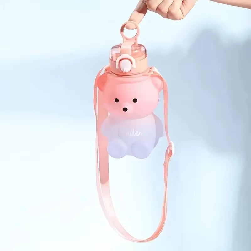 1Pc Bear Gradient Cute Water Cup, Summer High-Value Girl Plastic Cup, Portable Straw Cup, Large-Capacity Water Bottle