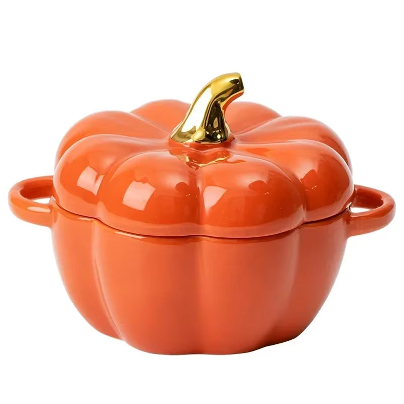 Pumpkin Ceramic Bowl with Lid Microwave Bakeware Oven Baking Kitchen Halloween Party Festival Decoration Ramen Cereal Bowl Set