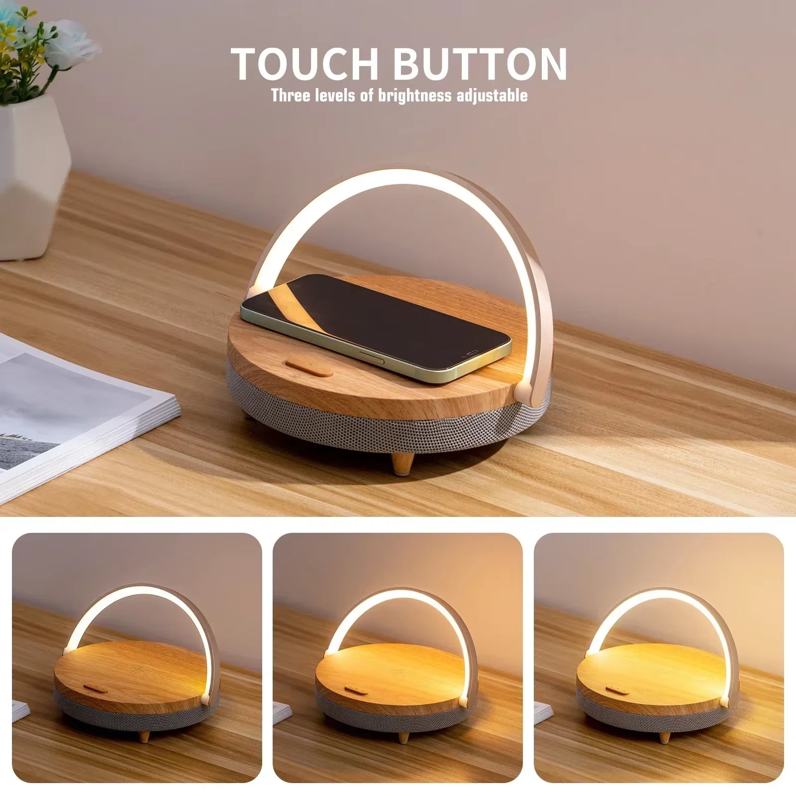 Multifuction Wireless Charger Bluetooth Speaker for Iphone 14 15 Wooden Table Lamp High Power Charging Light Speaker Bluetooth