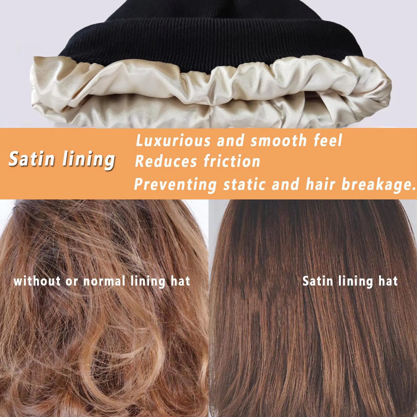 Satin Lined anti Static Beanie for Women Winter No Static 2 Layer Knitted Hat Silk Satin Bonnet Hair Cover Sleep Cap Skiskullies