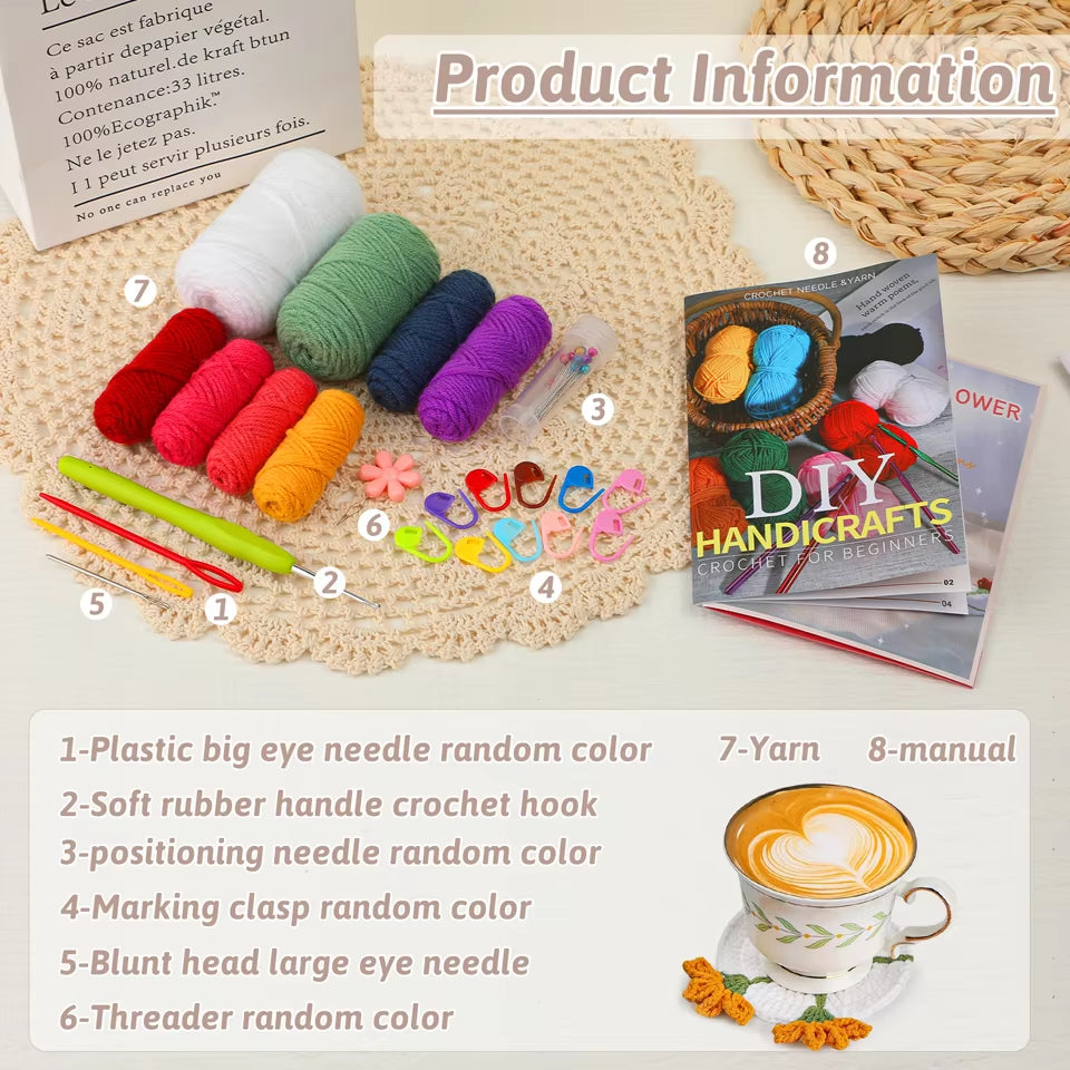 Coaster Crochet Kit for Beginners with Instruction Knitting Yarn Thread Needles Hook Easy Knit Accessories Set DIY Craft