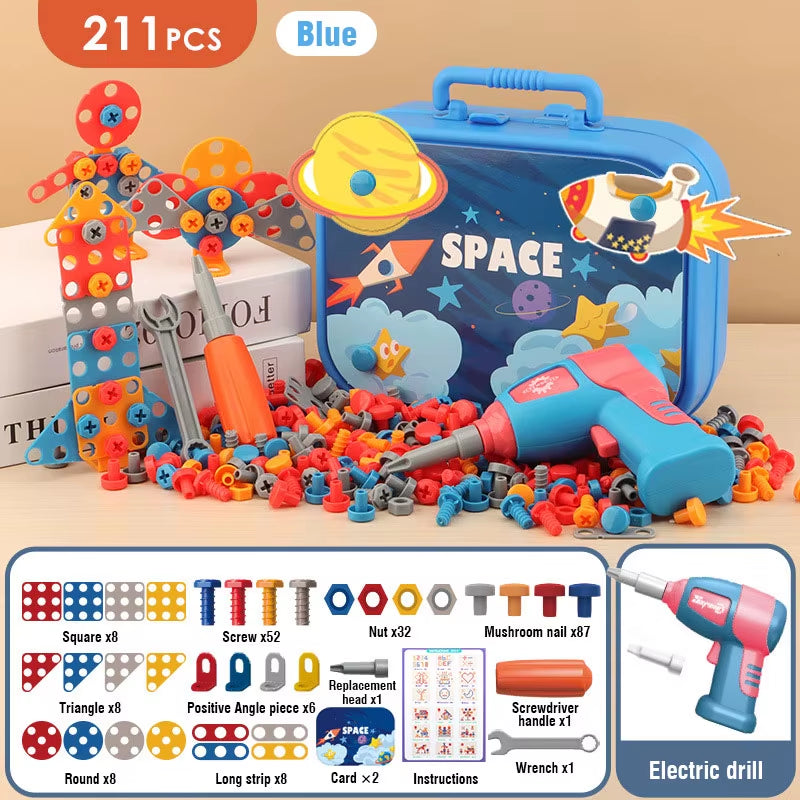 351Pcs/211Pcs Children DIY Tool Toys Set Electric Drill Screw Nuts 3D Puzzle Toy Pretend Play Tool Kits 2D/3D Educational Toy