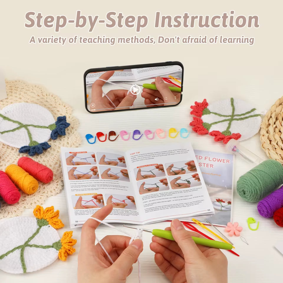 Coaster Crochet Kit for Beginners with Instruction Knitting Yarn Thread Needles Hook Easy Knit Accessories Set DIY Craft