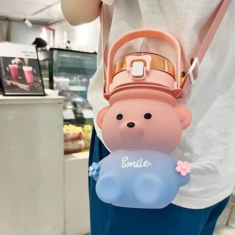 1Pc Bear Gradient Cute Water Cup, Summer High-Value Girl Plastic Cup, Portable Straw Cup, Large-Capacity Water Bottle