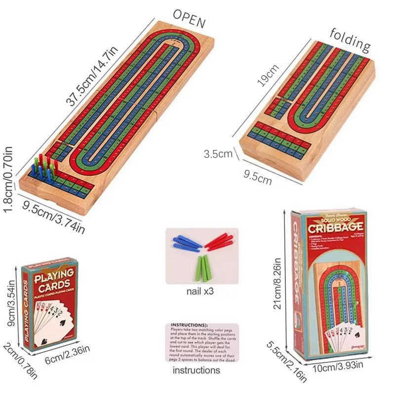 Wood Cribbage Board Game Classic 3 Track Cribbage Board with 9 Cribbage Pegs Portable Card Board Game for Adult Indoor & Outdoor