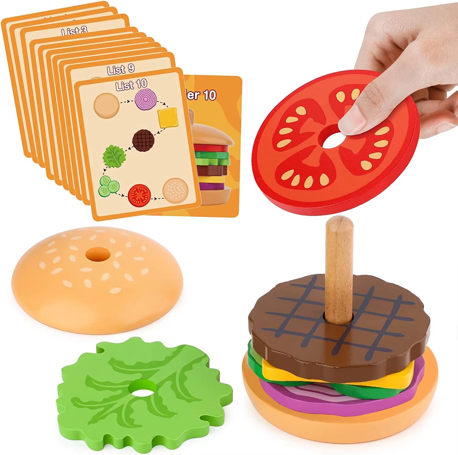 Montessori Wooden Burger Stacking Toys for Toddlers and Kids Preschool Educational Toys Fine Motor Skill Toy