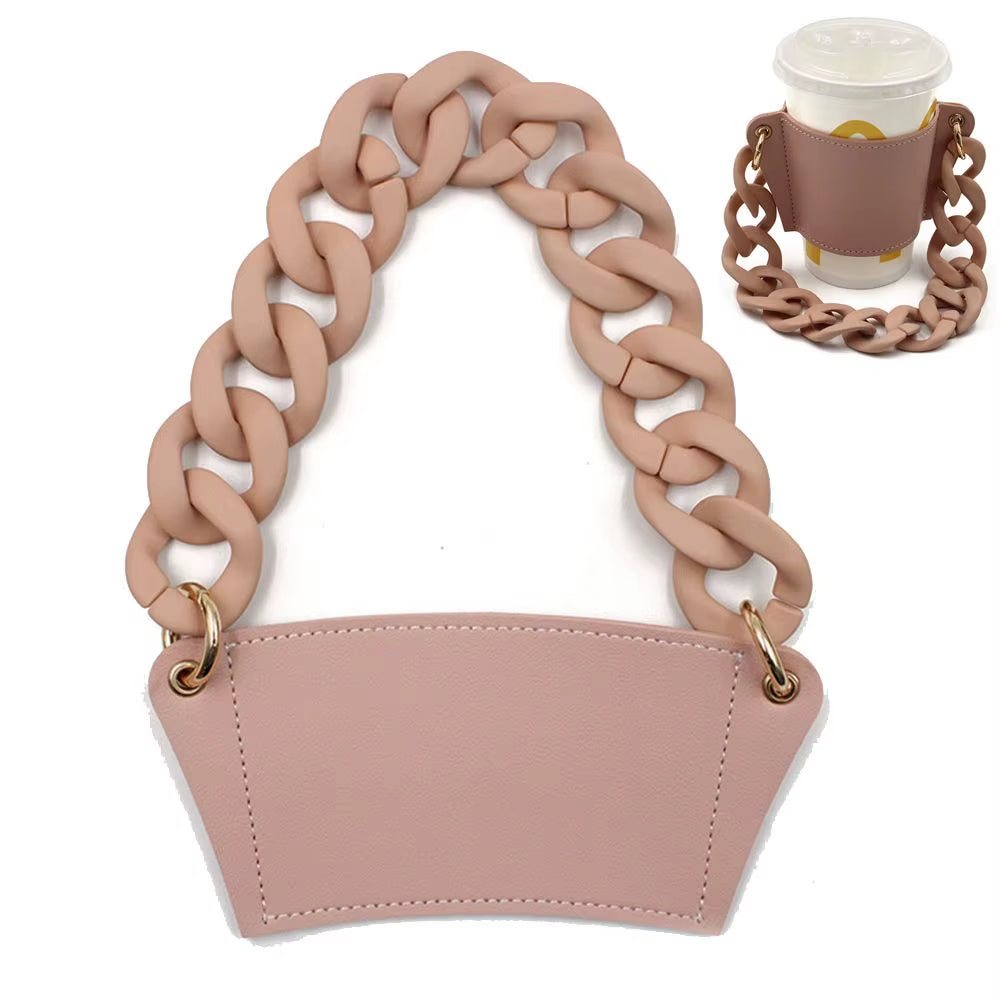 Reusable with Chain Travel Eco-Friendly Drink Case Bag Coffee Sleeve Bottle Cover PU Leather Cup Holder