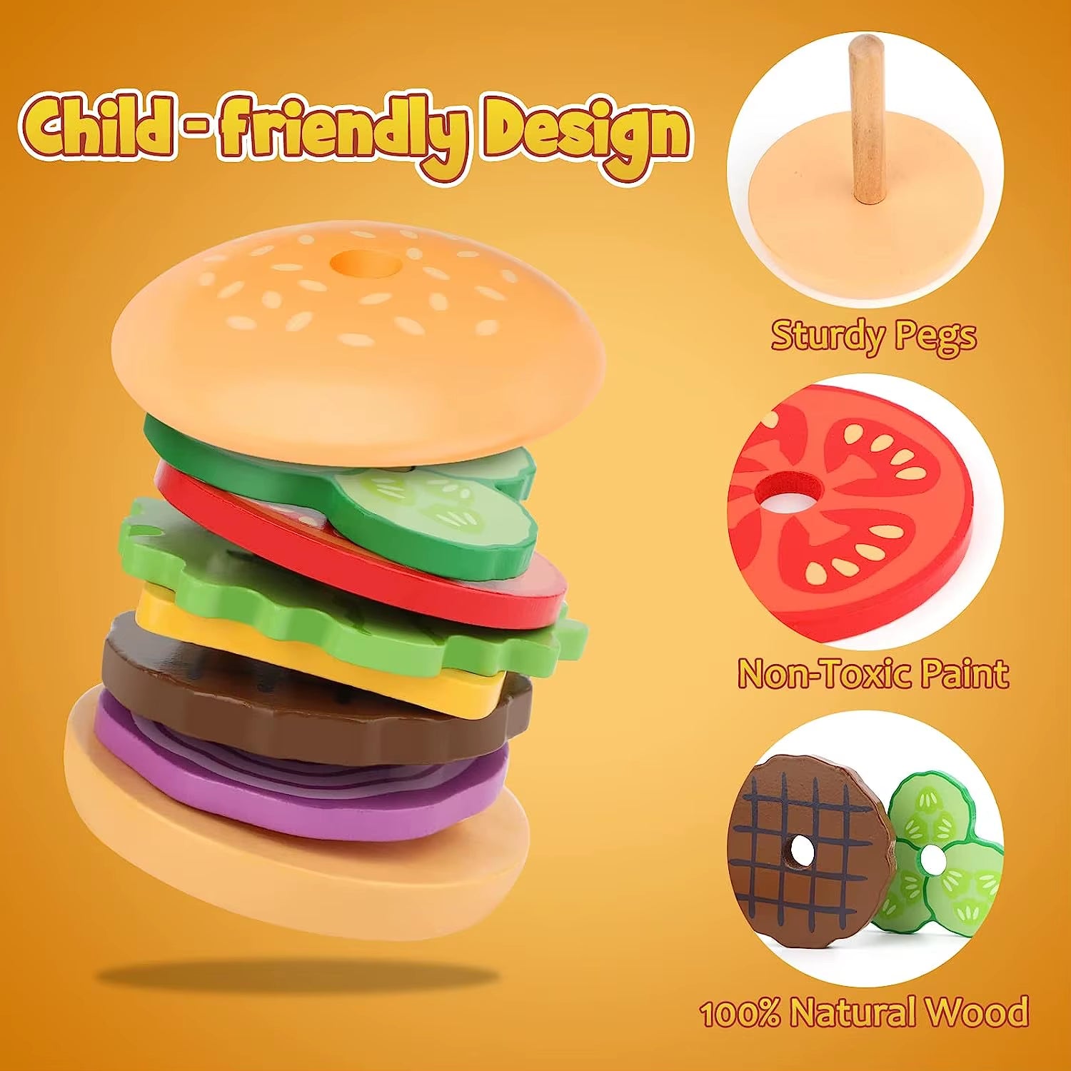 Montessori Wooden Burger Stacking Toys for Toddlers and Kids Preschool Educational Toys Fine Motor Skill Toy