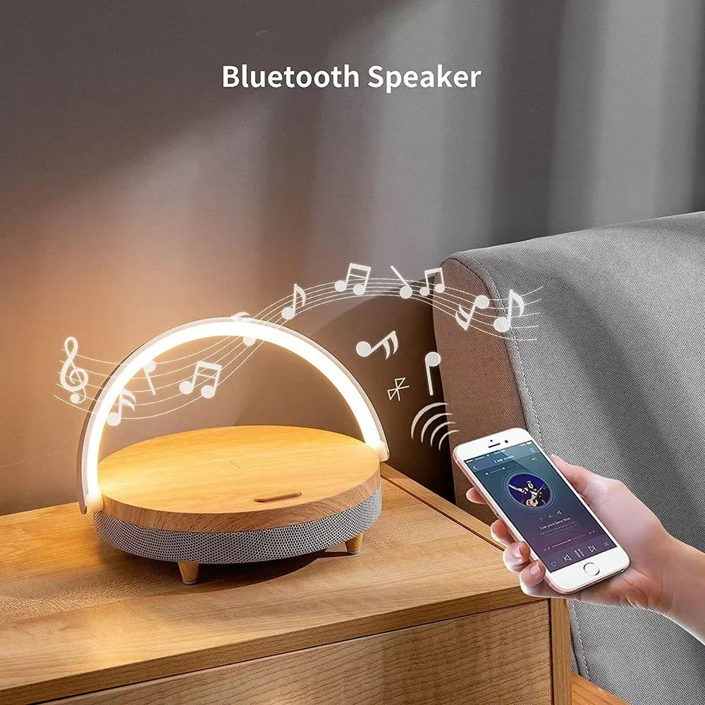 Multifuction Wireless Charger Bluetooth Speaker for Iphone 14 15 Wooden Table Lamp High Power Charging Light Speaker Bluetooth