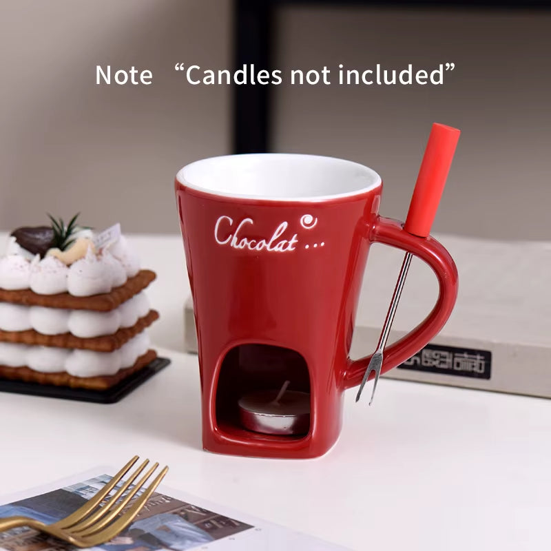 European Style Candle Cup Cheese Chocolate Ice Cream Candle Heated Melted Ceramic Cup Home Kitchen with Fork Creative Coffee Cup