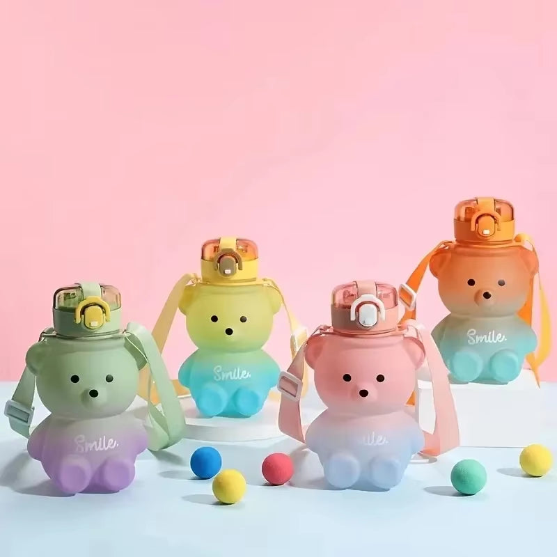 1Pc Bear Gradient Cute Water Cup, Summer High-Value Girl Plastic Cup, Portable Straw Cup, Large-Capacity Water Bottle