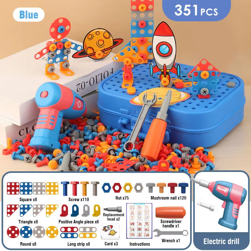 351Pcs/211Pcs Children DIY Tool Toys Set Electric Drill Screw Nuts 3D Puzzle Toy Pretend Play Tool Kits 2D/3D Educational Toy