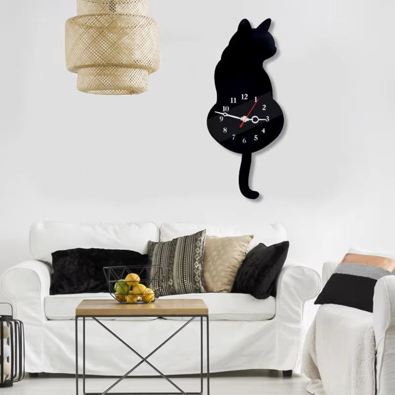 Home Decoration Living Room Wagging Tail Cat Creative Wall Clock Acrylic Wall Clock Modern Cute Cat Clock Move Silence