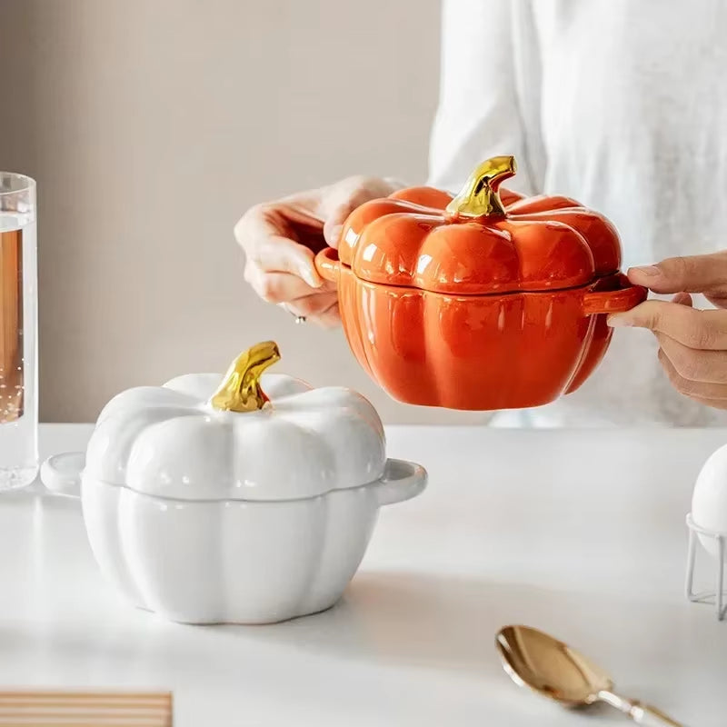 Pumpkin Ceramic Bowl with Lid Microwave Bakeware Oven Baking Kitchen Halloween Party Festival Decoration Ramen Cereal Bowl Set