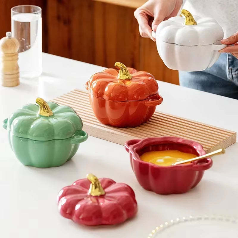 Pumpkin Ceramic Bowl with Lid Microwave Bakeware Oven Baking Kitchen Halloween Party Festival Decoration Ramen Cereal Bowl Set