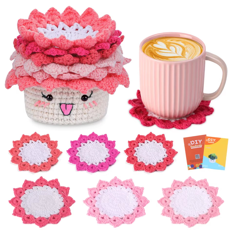 Coaster Crochet Kit for Beginners with Instruction Knitting Yarn Thread Needles Hook Easy Knit Accessories Set DIY Craft